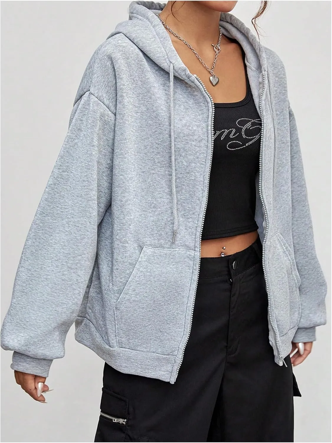 OYOANGLE Women's Casual Zip Up Long Sleeve Pockets Hoodies Drawstring Loose Sweatshirt Jacket