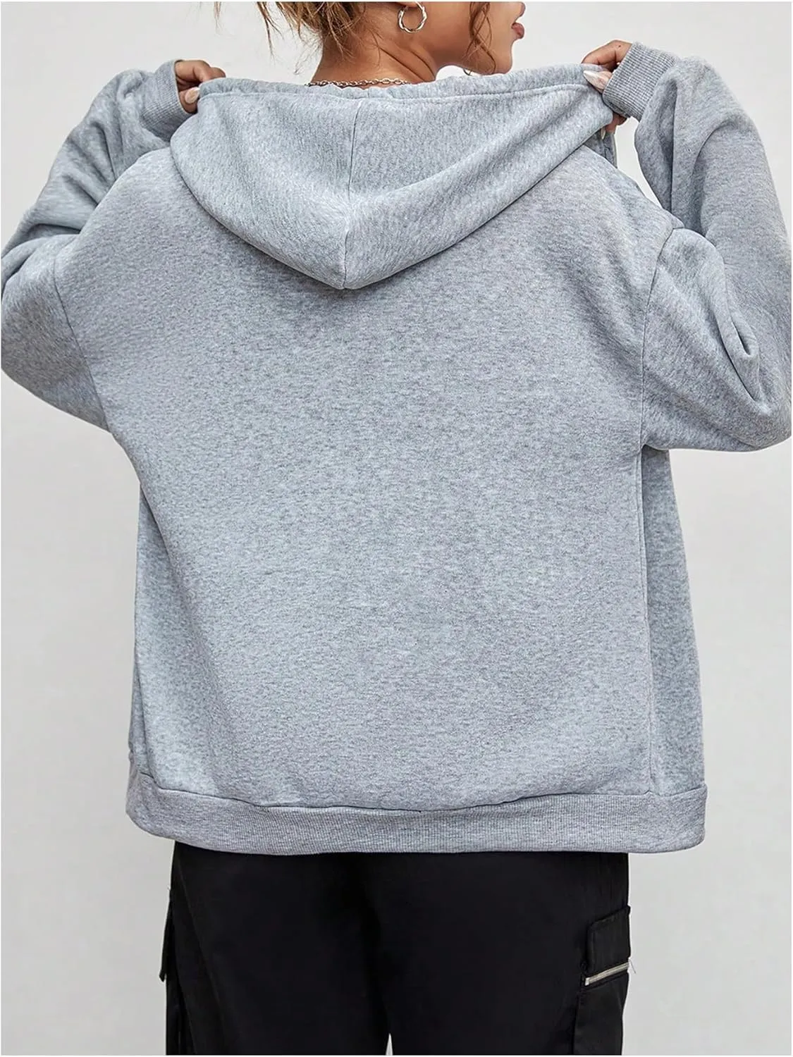 OYOANGLE Women's Casual Zip Up Long Sleeve Pockets Hoodies Drawstring Loose Sweatshirt Jacket