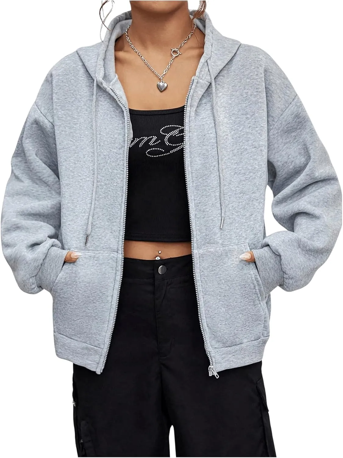 OYOANGLE Women's Casual Zip Up Long Sleeve Pockets Hoodies Drawstring Loose Sweatshirt Jacket