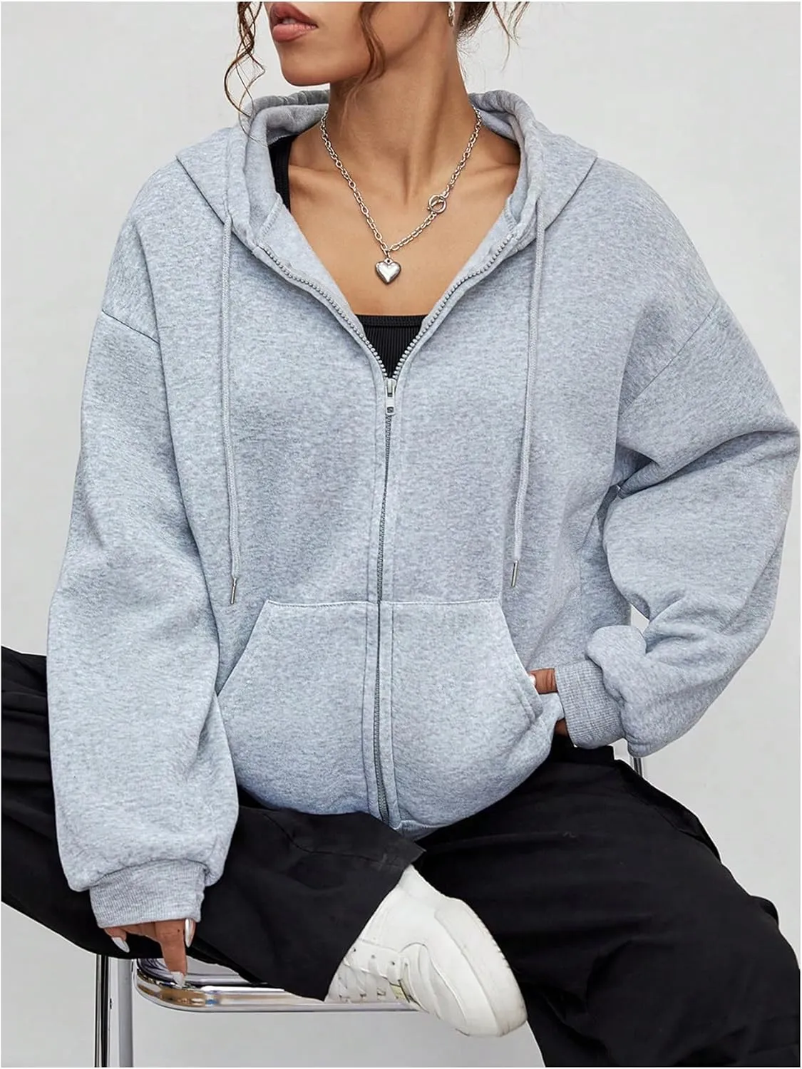 OYOANGLE Women's Casual Zip Up Long Sleeve Pockets Hoodies Drawstring Loose Sweatshirt Jacket