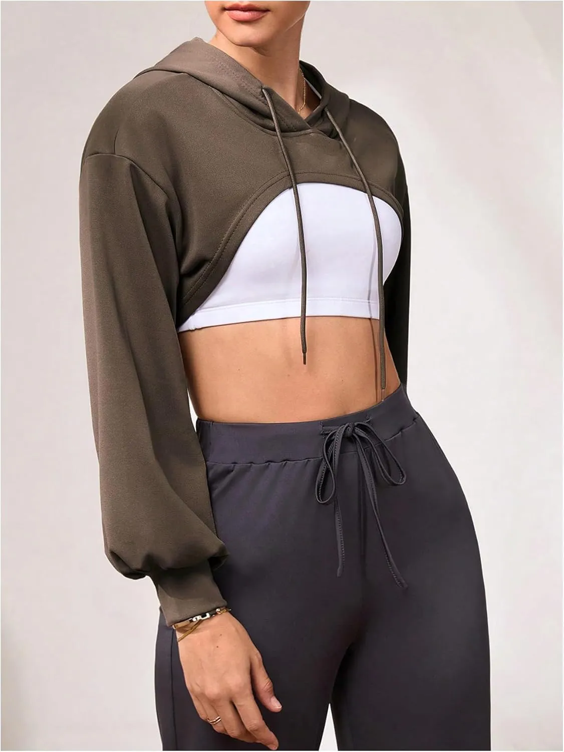 OYOANGLE Women's Long Sleeve Cropped Hoodie Workout Gym Drawstring Pullover Hooded Sweatshirts