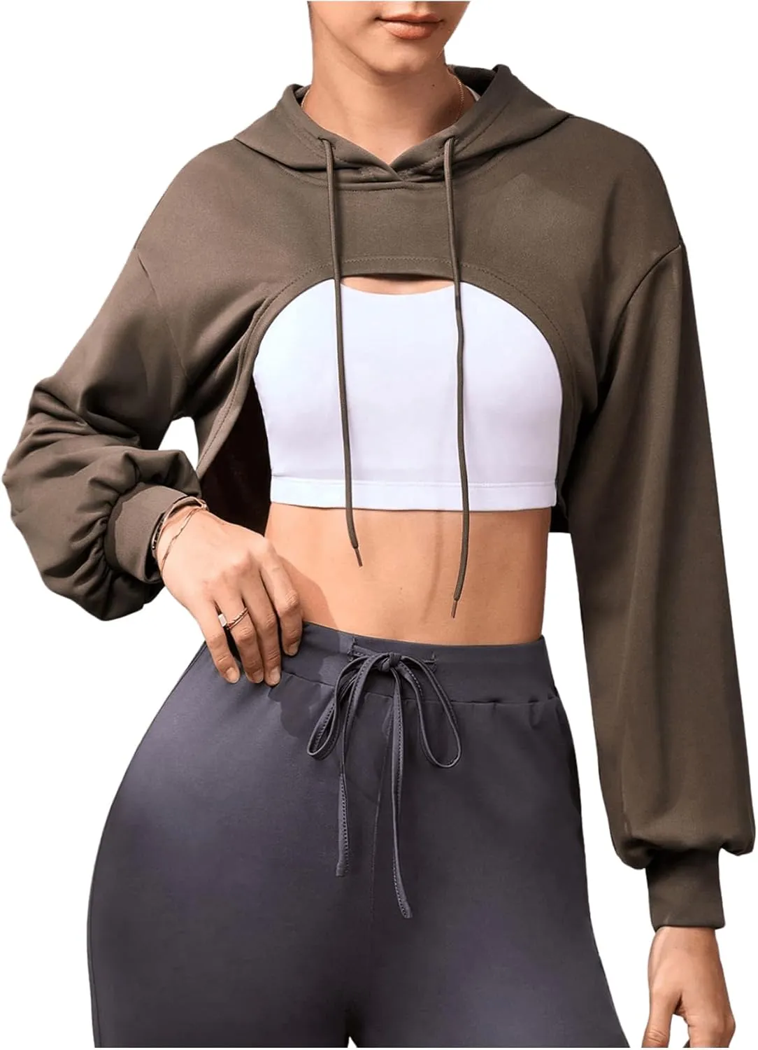 OYOANGLE Women's Long Sleeve Cropped Hoodie Workout Gym Drawstring Pullover Hooded Sweatshirts