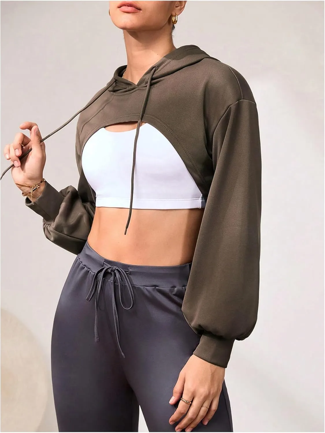 OYOANGLE Women's Long Sleeve Cropped Hoodie Workout Gym Drawstring Pullover Hooded Sweatshirts