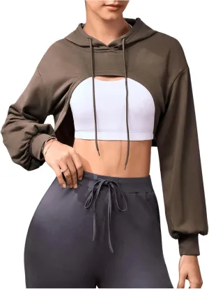 OYOANGLE Women's Long Sleeve Cropped Hoodie Workout Gym Drawstring Pullover Hooded Sweatshirts