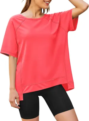 Poetsky Oversized T Shirts for Women Crew Neck Short Sleeve Summer Tops Loose Casual High Low Blouses