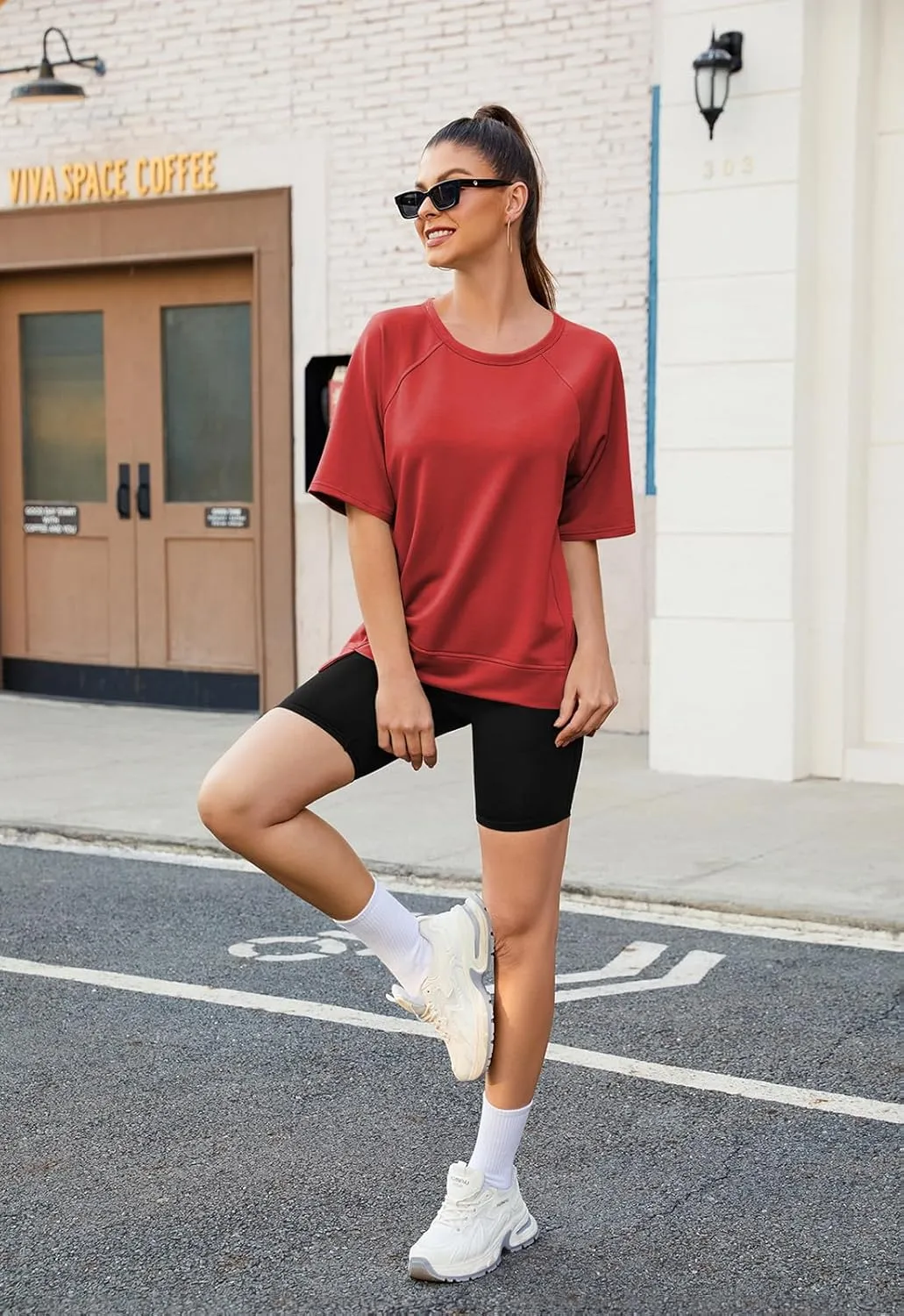 Poetsky Oversized T Shirts for Women Crew Neck Short Sleeve Summer Tops Loose Casual High Low Blouses