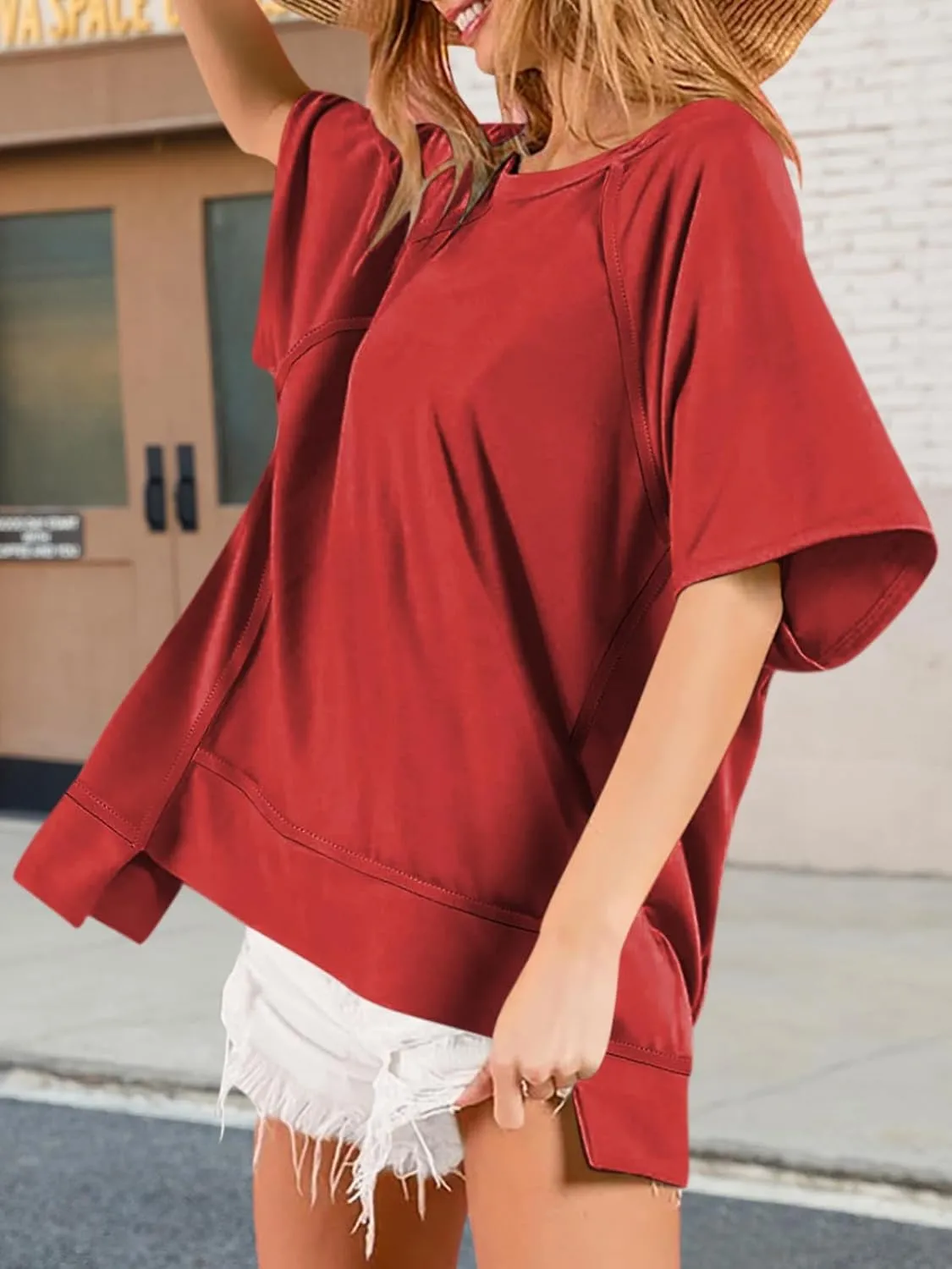 Poetsky Oversized T Shirts for Women Crew Neck Short Sleeve Summer Tops Loose Casual High Low Blouses