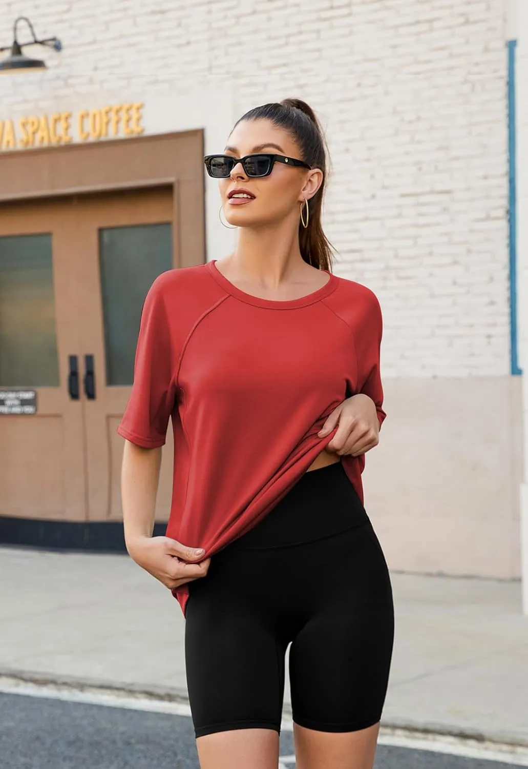 Poetsky Oversized T Shirts for Women Crew Neck Short Sleeve Summer Tops Loose Casual High Low Blouses