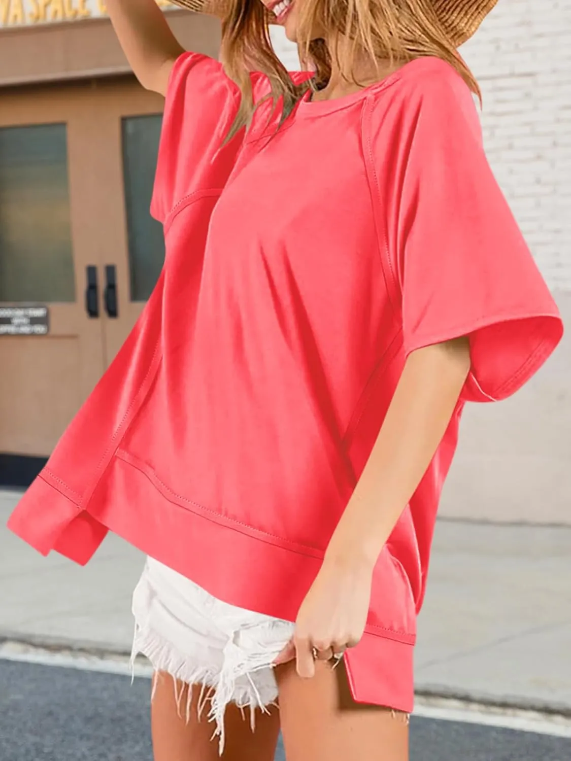 Poetsky Oversized T Shirts for Women Crew Neck Short Sleeve Summer Tops Loose Casual High Low Blouses