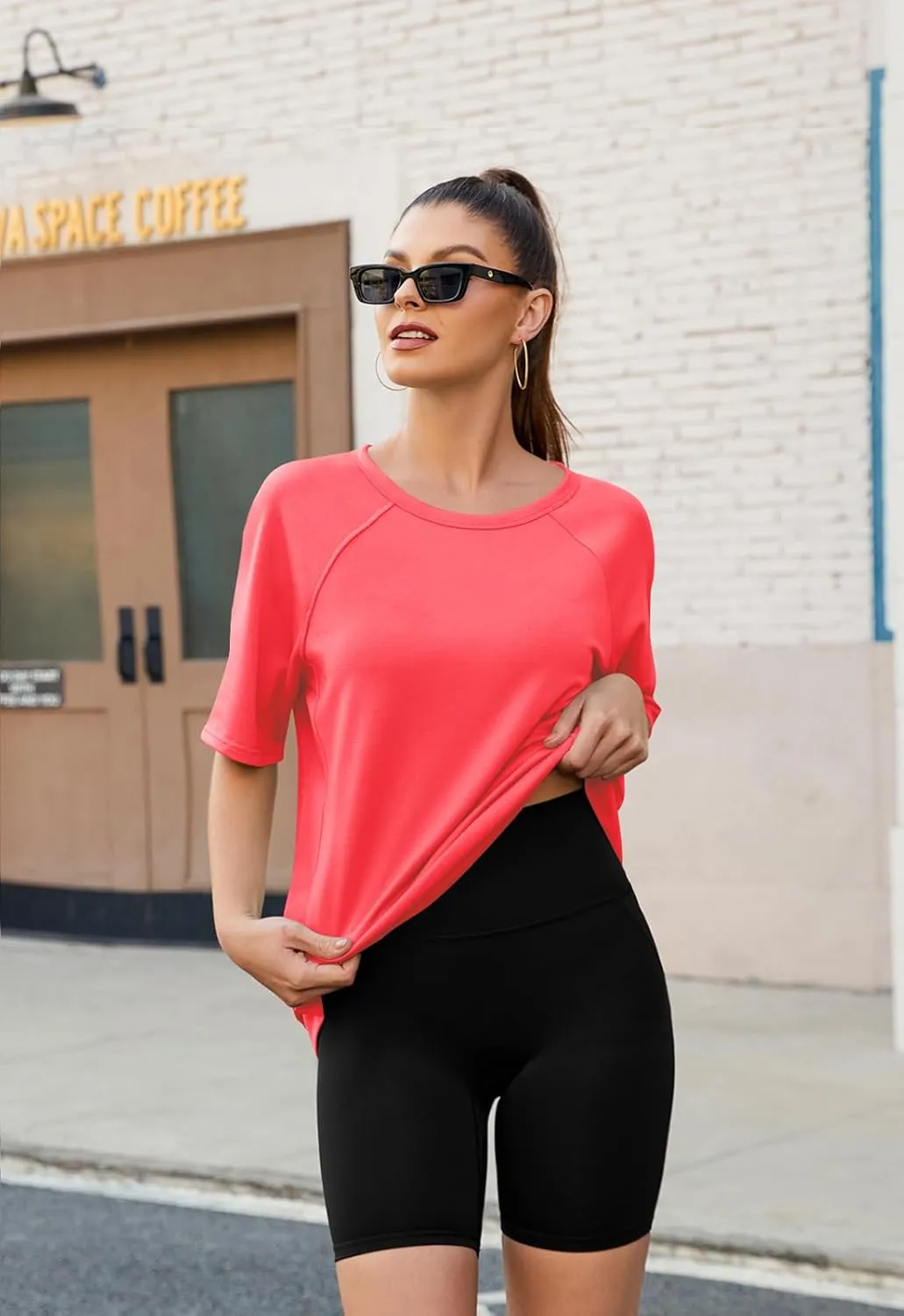 Poetsky Oversized T Shirts for Women Crew Neck Short Sleeve Summer Tops Loose Casual High Low Blouses