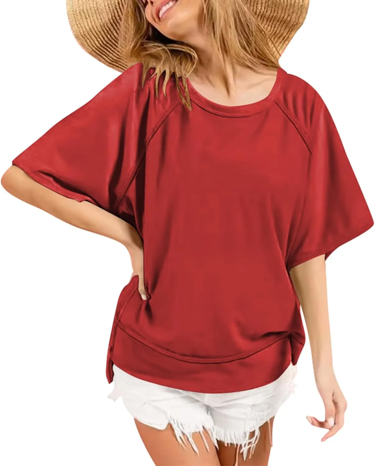 Poetsky Oversized T Shirts for Women Crew Neck Short Sleeve Summer Tops Loose Casual High Low Blouses