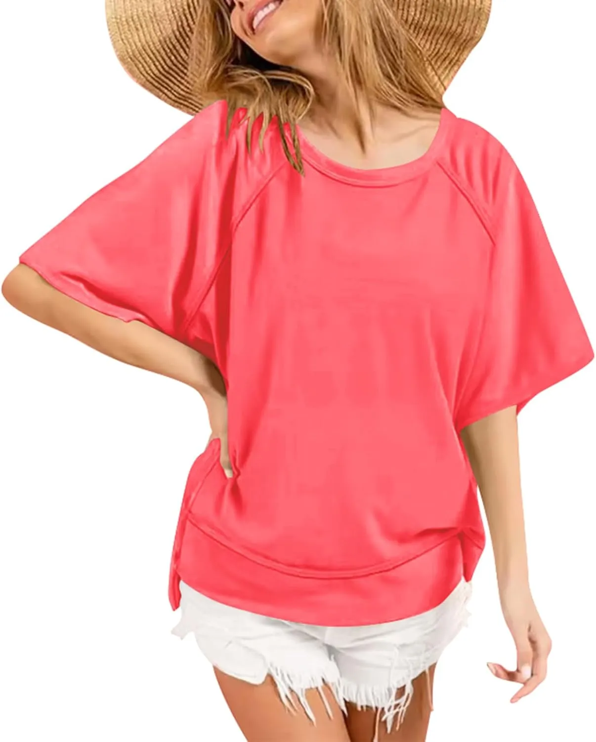 Poetsky Oversized T Shirts for Women Crew Neck Short Sleeve Summer Tops Loose Casual High Low Blouses