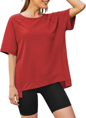 Poetsky Oversized T Shirts for Women Crew Neck Short Sleeve Summer Tops Loose Casual High Low Blouses