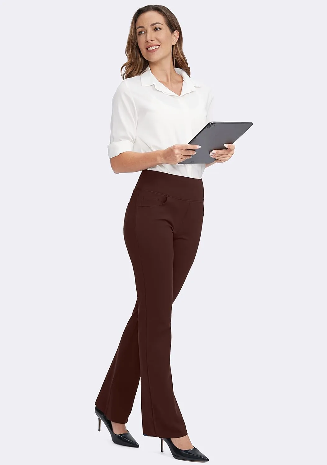 Rammus Womens High Waist Yoga Dress Pants with Pockets Stretch Work Pants for Women Bootcut Leg Slacks for Office Casual