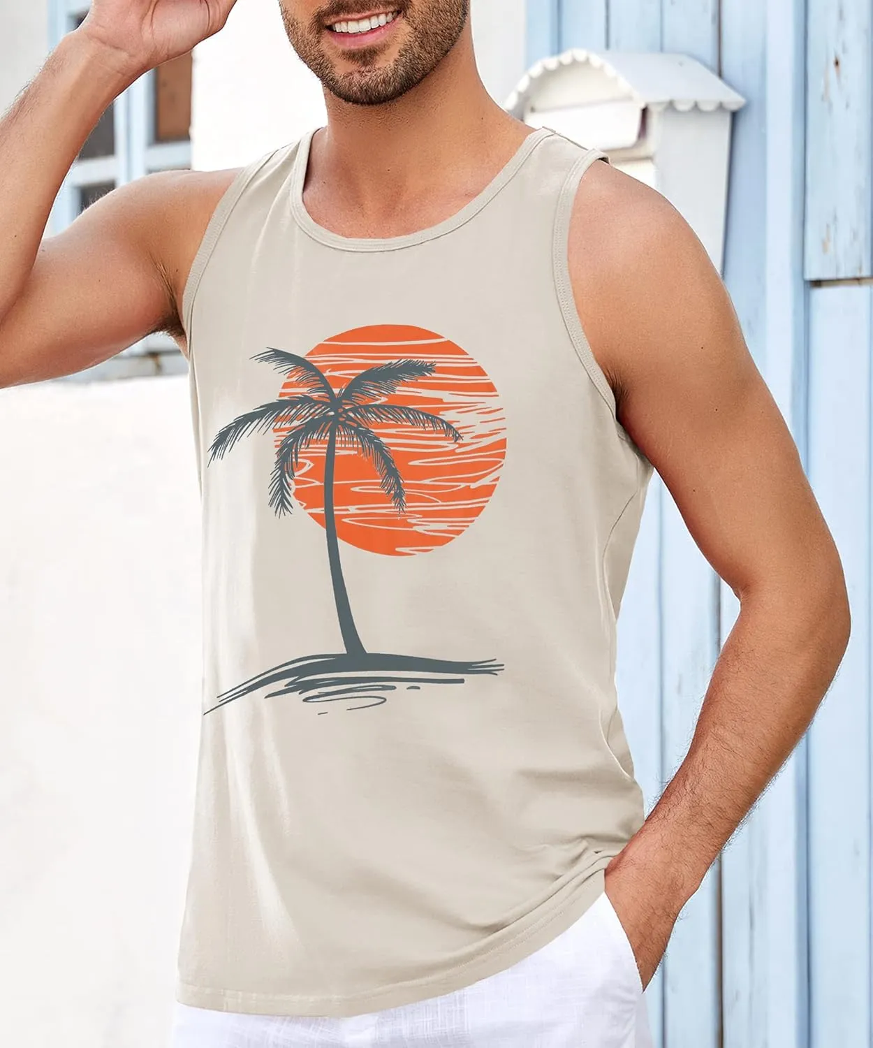 Runcati Mens Workout Tank Tops Gym Sleeveless Shirts Palm Tree Vintage Style T-Shirt