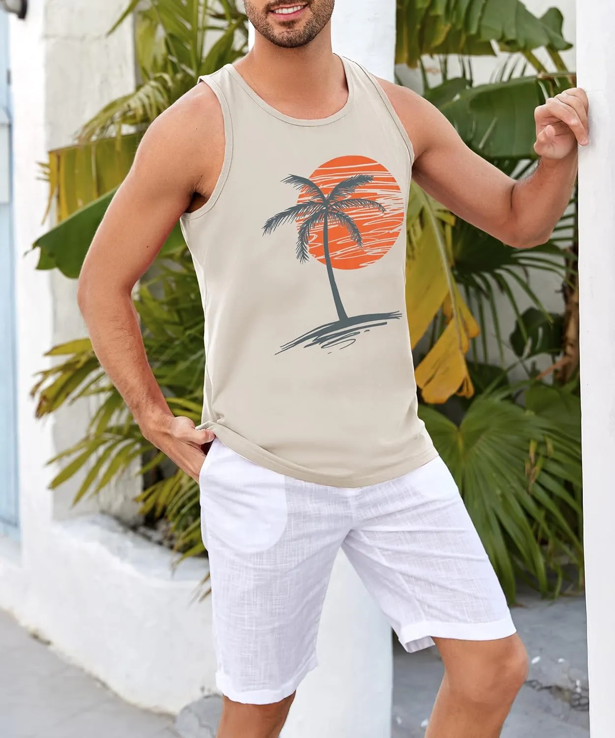 Runcati Mens Workout Tank Tops Gym Sleeveless Shirts Palm Tree Vintage Style T-Shirt