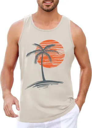 Runcati Mens Workout Tank Tops Gym Sleeveless Shirts Palm Tree Vintage Style T-Shirt