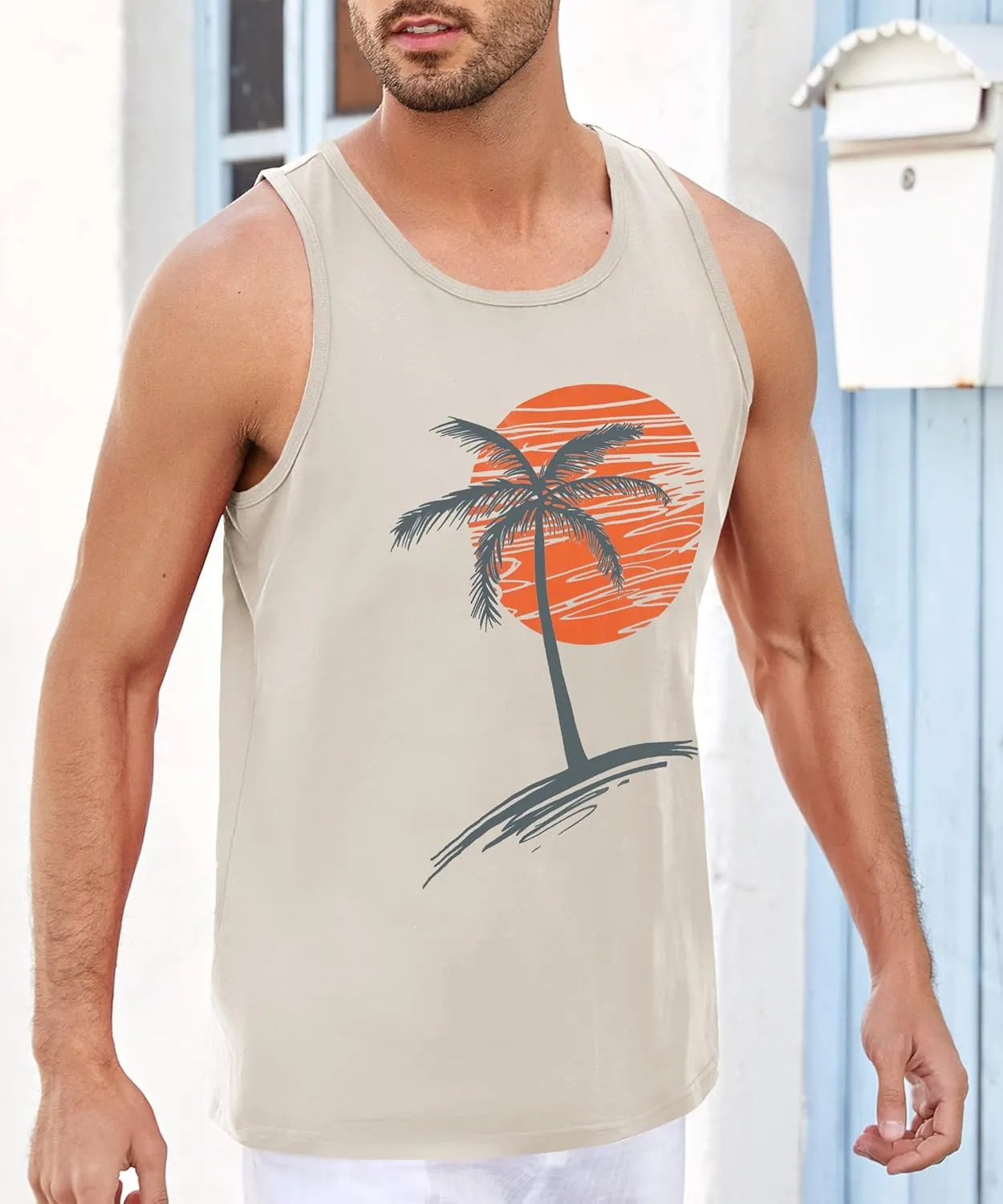 Runcati Mens Workout Tank Tops Gym Sleeveless Shirts Palm Tree Vintage Style T-Shirt