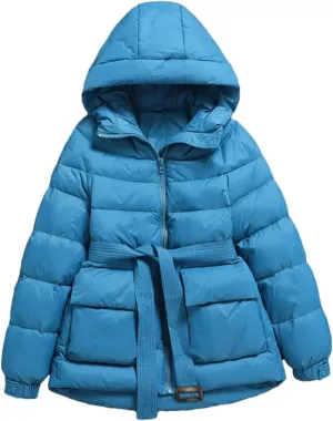 SaoBiiu Women Down Jacket Winter Casual Puffer Coat With Belt Warm Quilted Parka Portable Outerwear