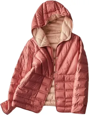 SaoBiiu Women Ultra Light Down Jacket Double Sided Puffer Coat With Hooded Casual Short Reversible Parkas