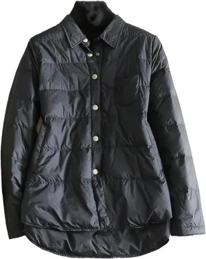 SaoBiiu Women Ultra Light Down Short Jacket Vintage Puffer Parkas Shirt Collar Coat Irregular Loose Outwear