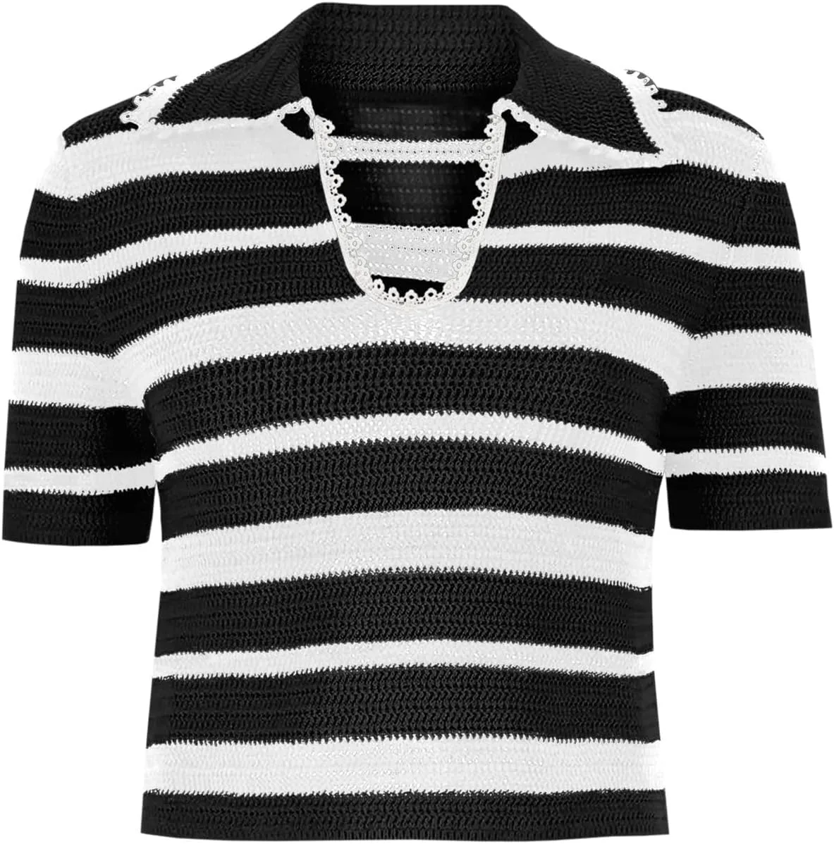Saodimallsu Womens Cropped Striped Sweater Top Summer Short Sleeve V Neck Collared Going Out Trendy Loose Polo Shirt