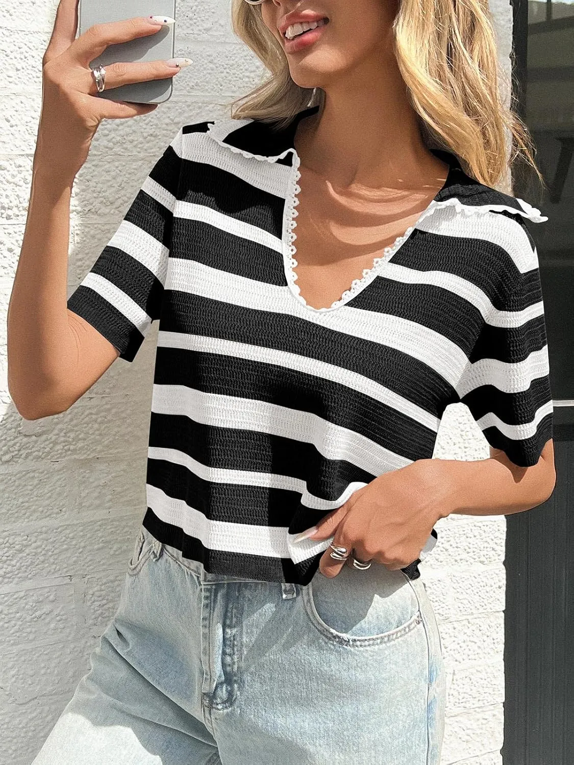 Saodimallsu Womens Cropped Striped Sweater Top Summer Short Sleeve V Neck Collared Going Out Trendy Loose Polo Shirt