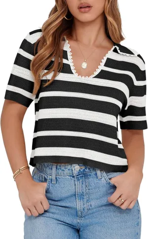 Saodimallsu Womens Cropped Striped Sweater Top Summer Short Sleeve V Neck Collared Going Out Trendy Loose Polo Shirt