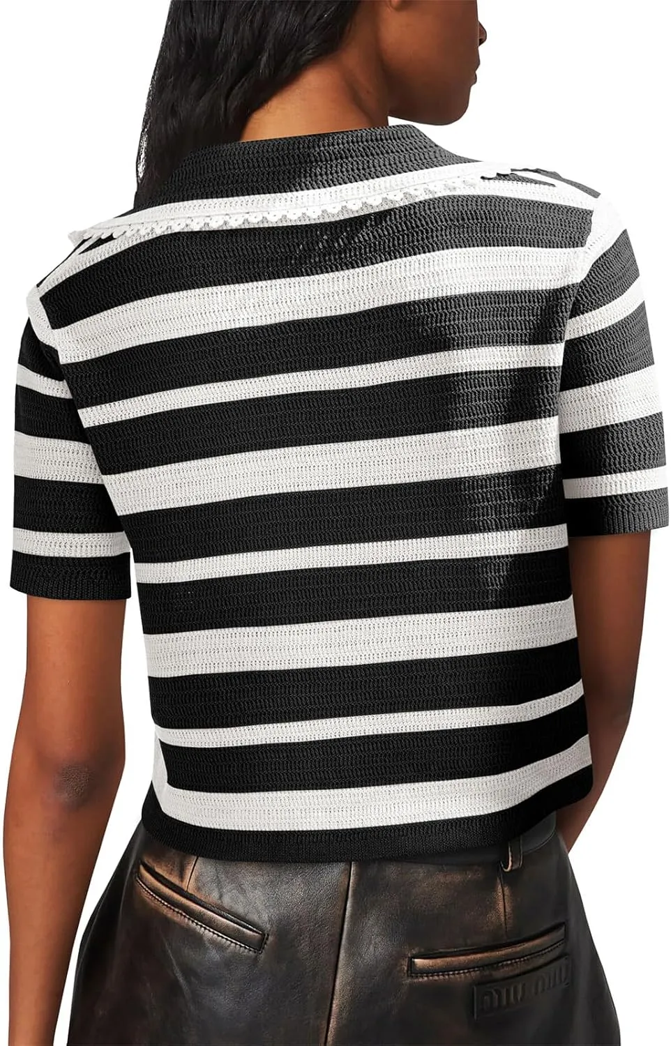 Saodimallsu Womens Cropped Striped Sweater Top Summer Short Sleeve V Neck Collared Going Out Trendy Loose Polo Shirt