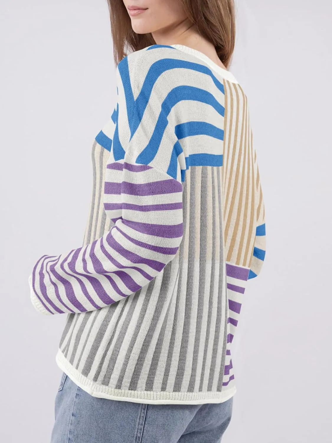 Saodimallsu Womens Striped Color Block Sweaters Crewneck Oversized Long Sleeve Loose Knit Colorful Pullover Sweater
