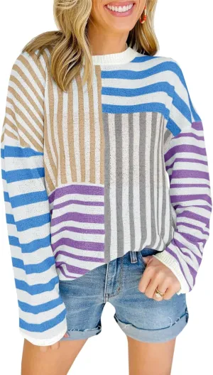 Saodimallsu Womens Striped Color Block Sweaters Crewneck Oversized Long Sleeve Loose Knit Colorful Pullover Sweater