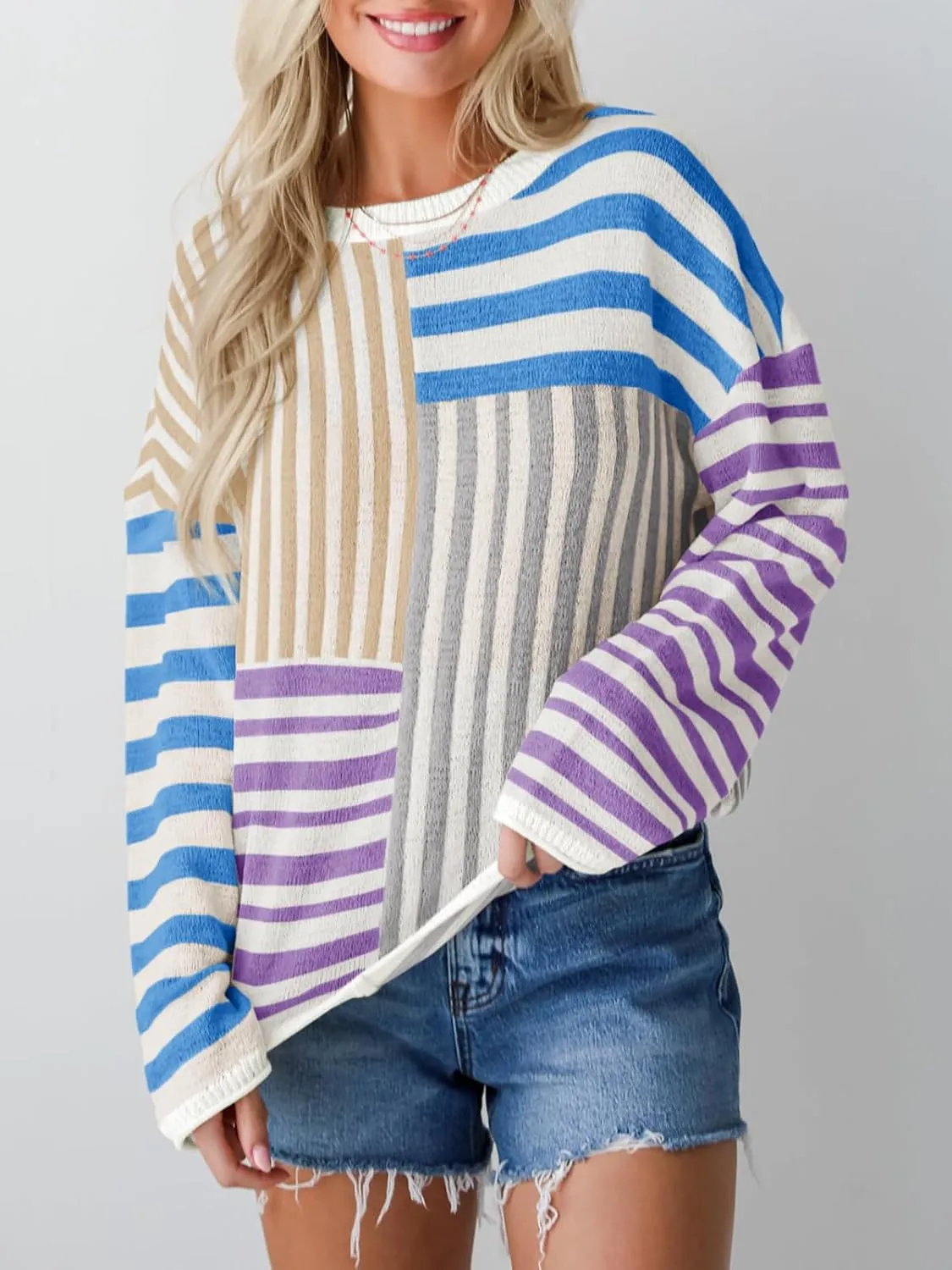 Saodimallsu Womens Striped Color Block Sweaters Crewneck Oversized Long Sleeve Loose Knit Colorful Pullover Sweater