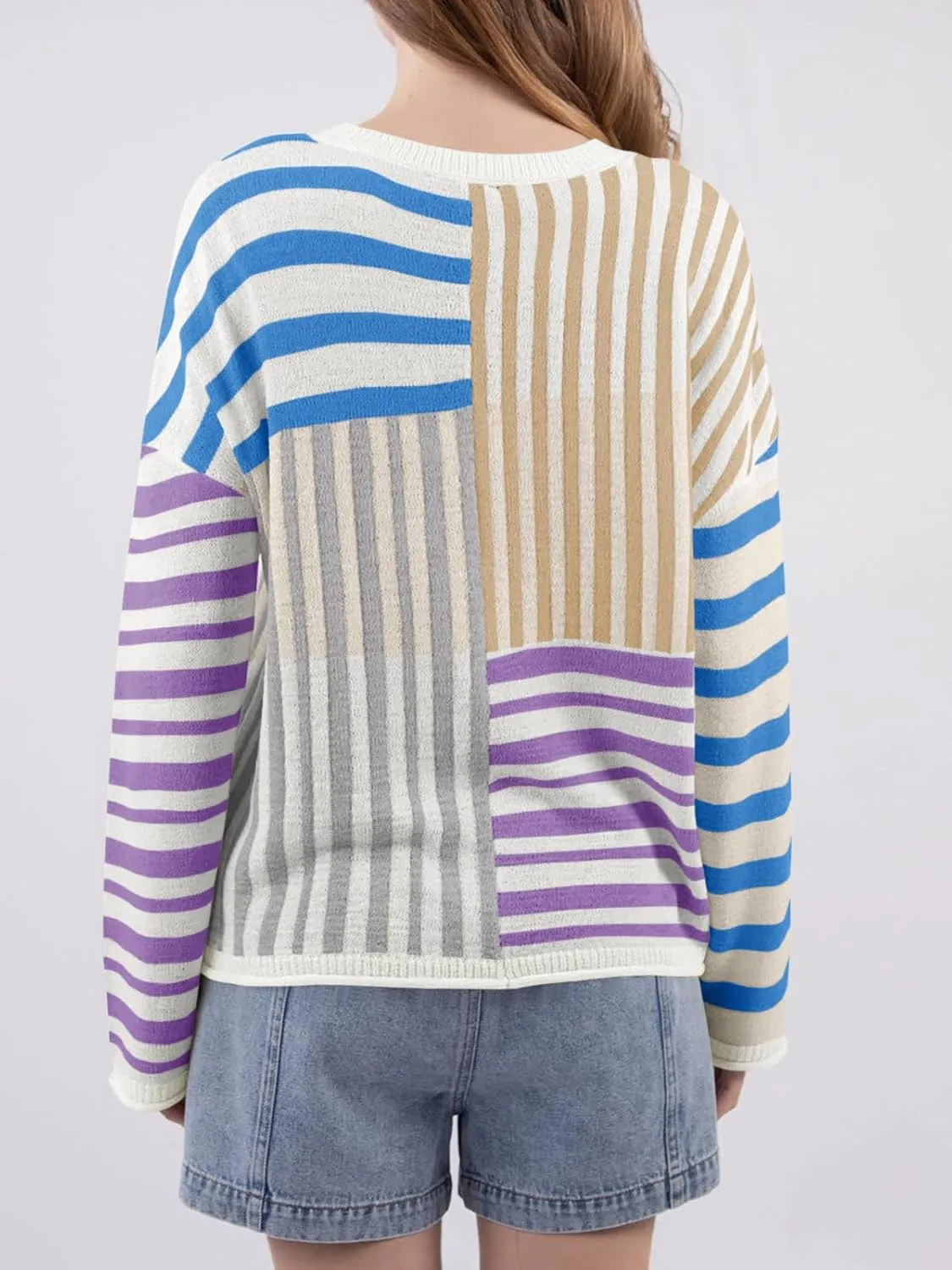 Saodimallsu Womens Striped Color Block Sweaters Crewneck Oversized Long Sleeve Loose Knit Colorful Pullover Sweater