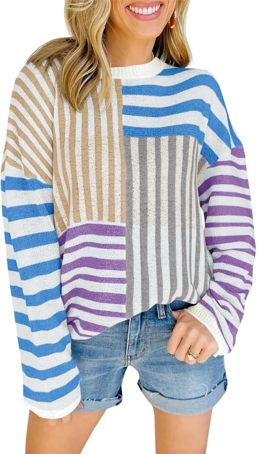Saodimallsu Womens Striped Color Block Sweaters Crewneck Oversized Long Sleeve Loose Knit Colorful Pullover Sweater
