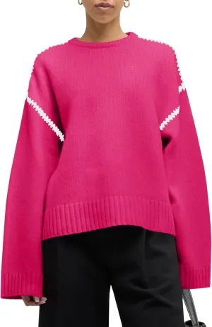 Saodimallsu Womens Sweaters Crewneck Long Sleeve Fall Chunky Knit Sweater Color Block Slouchy Loose Pullover Jumper Tops