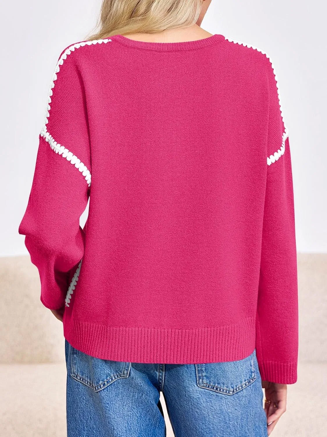 Saodimallsu Womens Sweaters Crewneck Long Sleeve Fall Chunky Knit Sweater Color Block Slouchy Loose Pullover Jumper Tops
