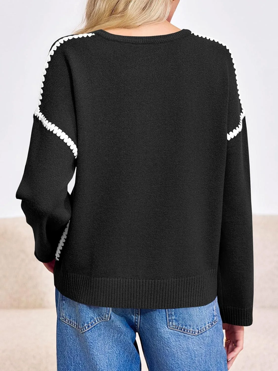 Saodimallsu Womens Sweaters Crewneck Long Sleeve Fall Chunky Knit Sweater Color Block Slouchy Loose Pullover Jumper Tops