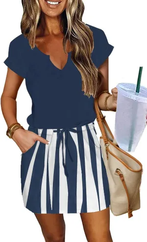 SAUKOLE Womens Summer Dress Casual Short Sleeve V Neck Sundress Drawstring Waist Short Mini Dresses with Pockets