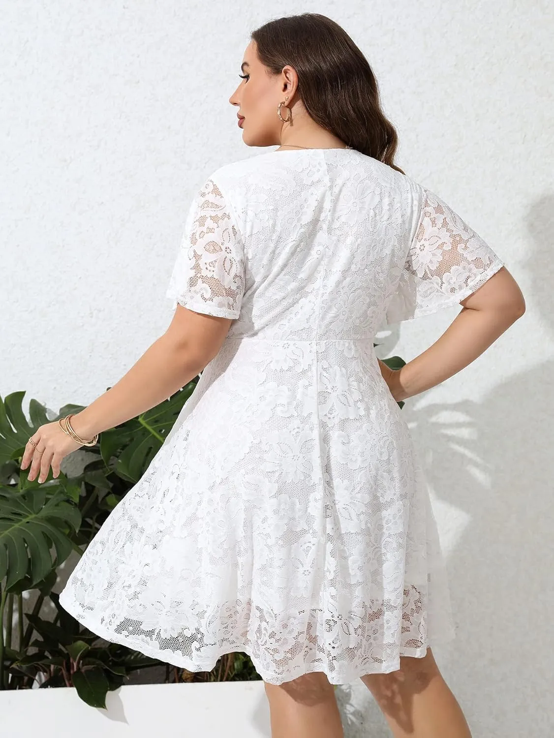 SCOMCHIC Women Plus Size Lace Cocktail Dresses Faux Wrap V Neck Short Sleeve Flowy A Line Wedding Guest Midi Dress