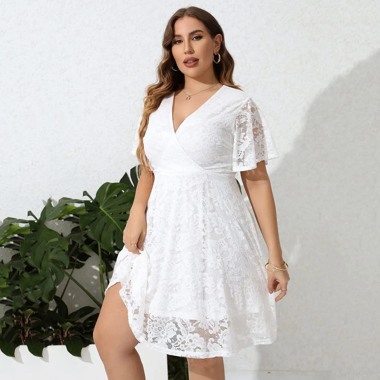 SCOMCHIC Women Plus Size Lace Cocktail Dresses Faux Wrap V Neck Short Sleeve Flowy A Line Wedding Guest Midi Dress