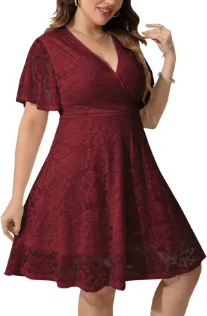 SCOMCHIC Women Plus Size Lace Cocktail Dresses Faux Wrap V Neck Short Sleeve Flowy A Line Wedding Guest Midi Dress