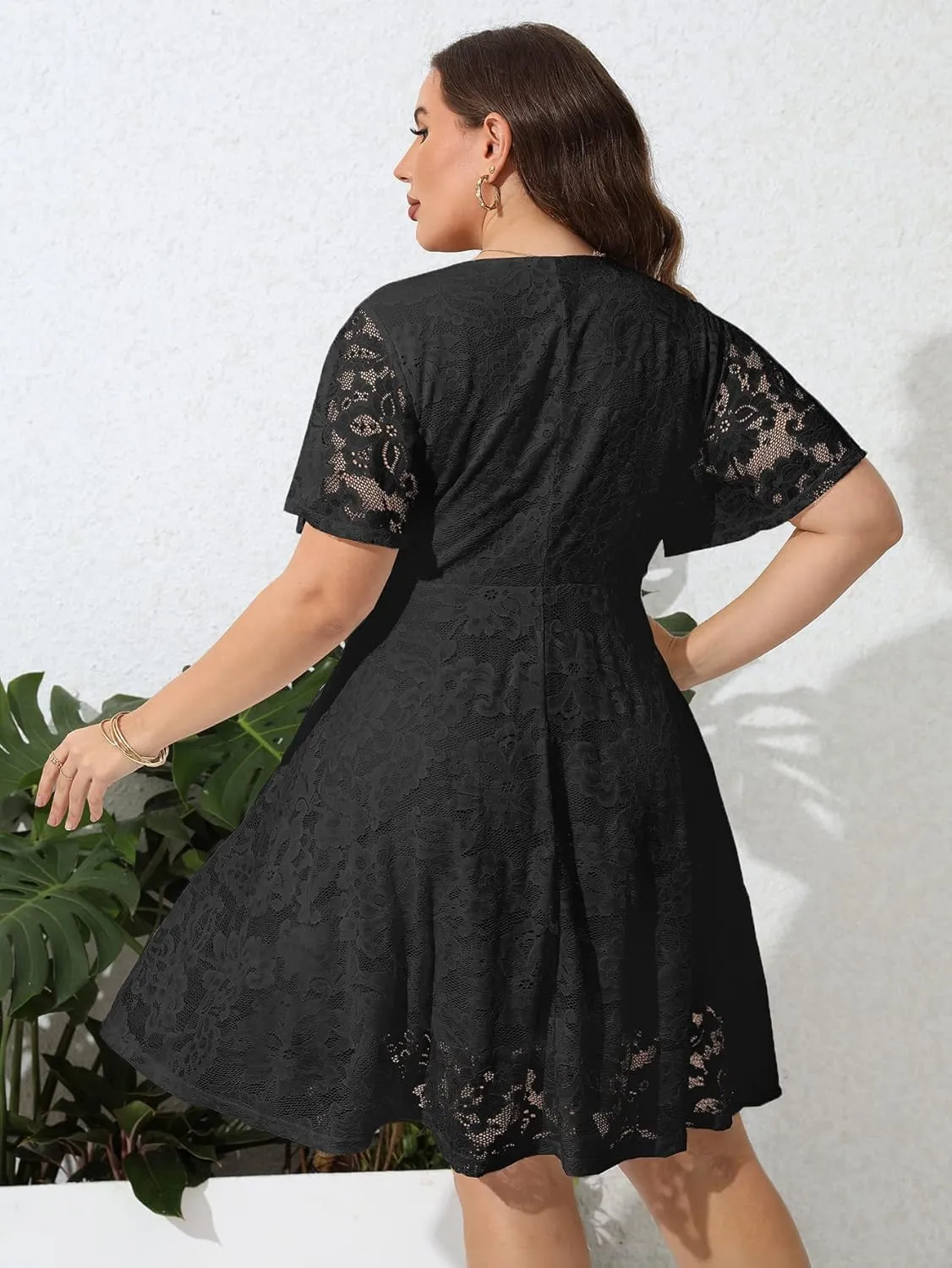 SCOMCHIC Women Plus Size Lace Cocktail Dresses Faux Wrap V Neck Short Sleeve Flowy A Line Wedding Guest Midi Dress