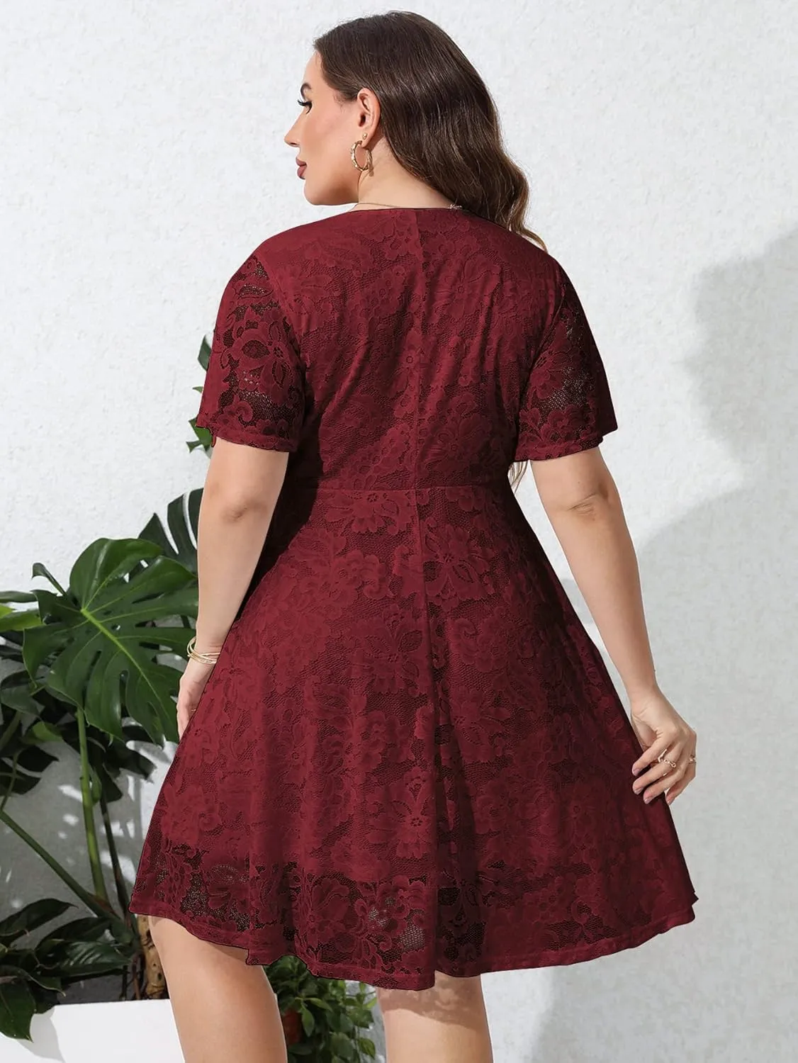 SCOMCHIC Women Plus Size Lace Cocktail Dresses Faux Wrap V Neck Short Sleeve Flowy A Line Wedding Guest Midi Dress