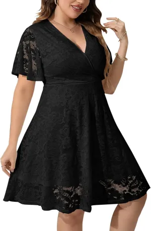 SCOMCHIC Women Plus Size Lace Cocktail Dresses Faux Wrap V Neck Short Sleeve Flowy A Line Wedding Guest Midi Dress