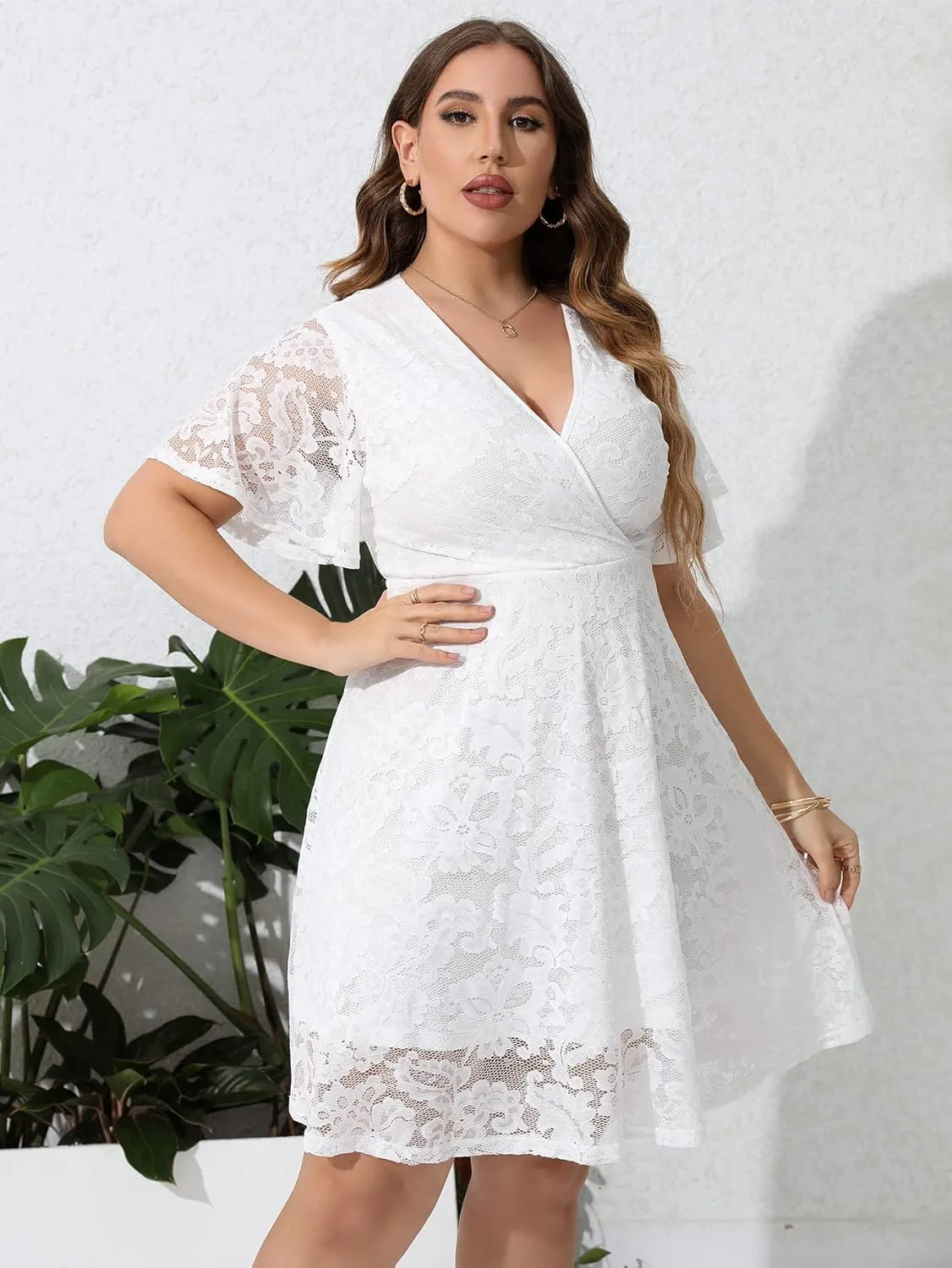 SCOMCHIC Women Plus Size Lace Cocktail Dresses Faux Wrap V Neck Short Sleeve Flowy A Line Wedding Guest Midi Dress