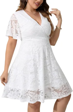 SCOMCHIC Women Plus Size Lace Cocktail Dresses Faux Wrap V Neck Short Sleeve Flowy A Line Wedding Guest Midi Dress