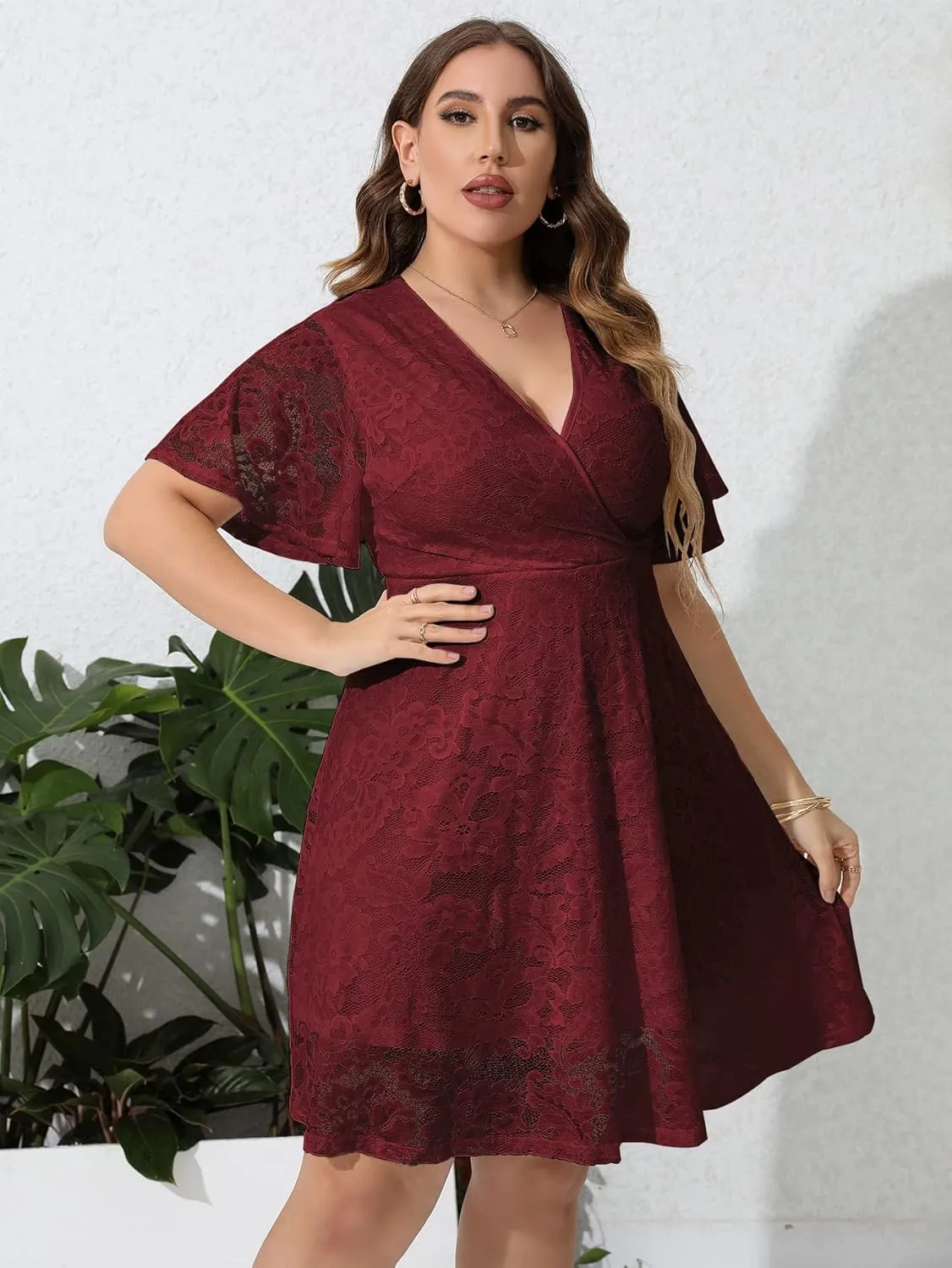 SCOMCHIC Women Plus Size Lace Cocktail Dresses Faux Wrap V Neck Short Sleeve Flowy A Line Wedding Guest Midi Dress
