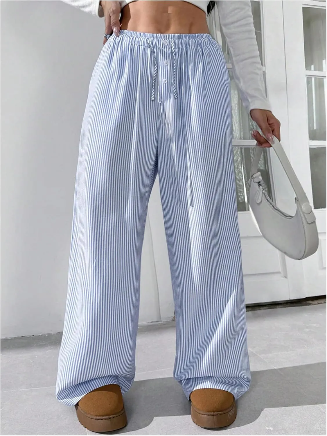 SHENHE Girl's Linen Low Waisted Drawstring Button Front Loose Long Pants Casual Boho Trousers