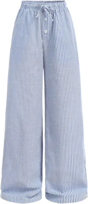 SHENHE Girl's Linen Low Waisted Drawstring Button Front Loose Long Pants Casual Boho Trousers