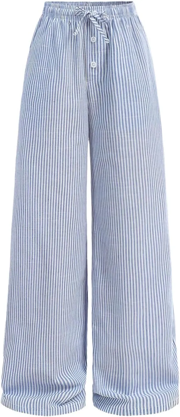 SHENHE Girl's Linen Low Waisted Drawstring Button Front Loose Long Pants Casual Boho Trousers